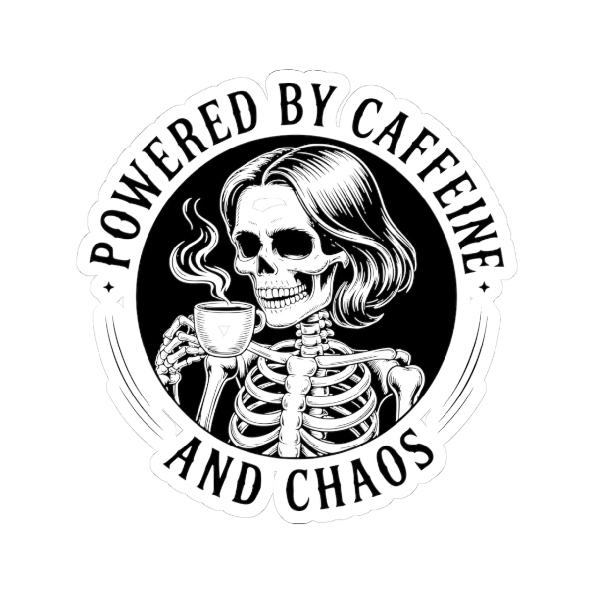 Powered by Caffeine and Chaos kiss-cut vinyl sticker with retro design