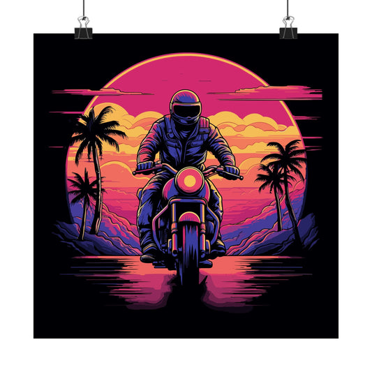 Midnight Rider retro vintage art square matte art print with retro biker sunset design