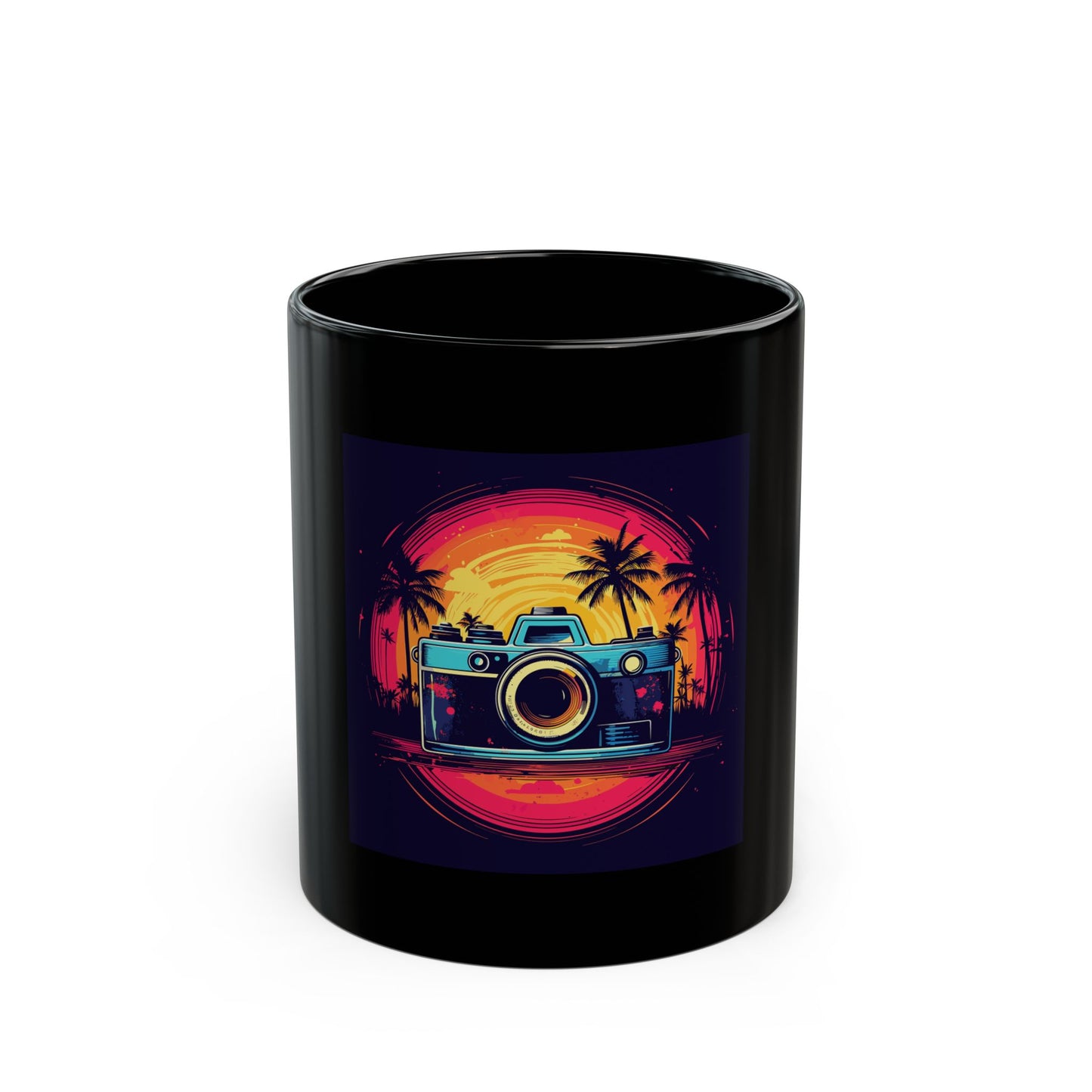 Retro Camera Sunset retro vintage art black ceramic mug with vintage camera design