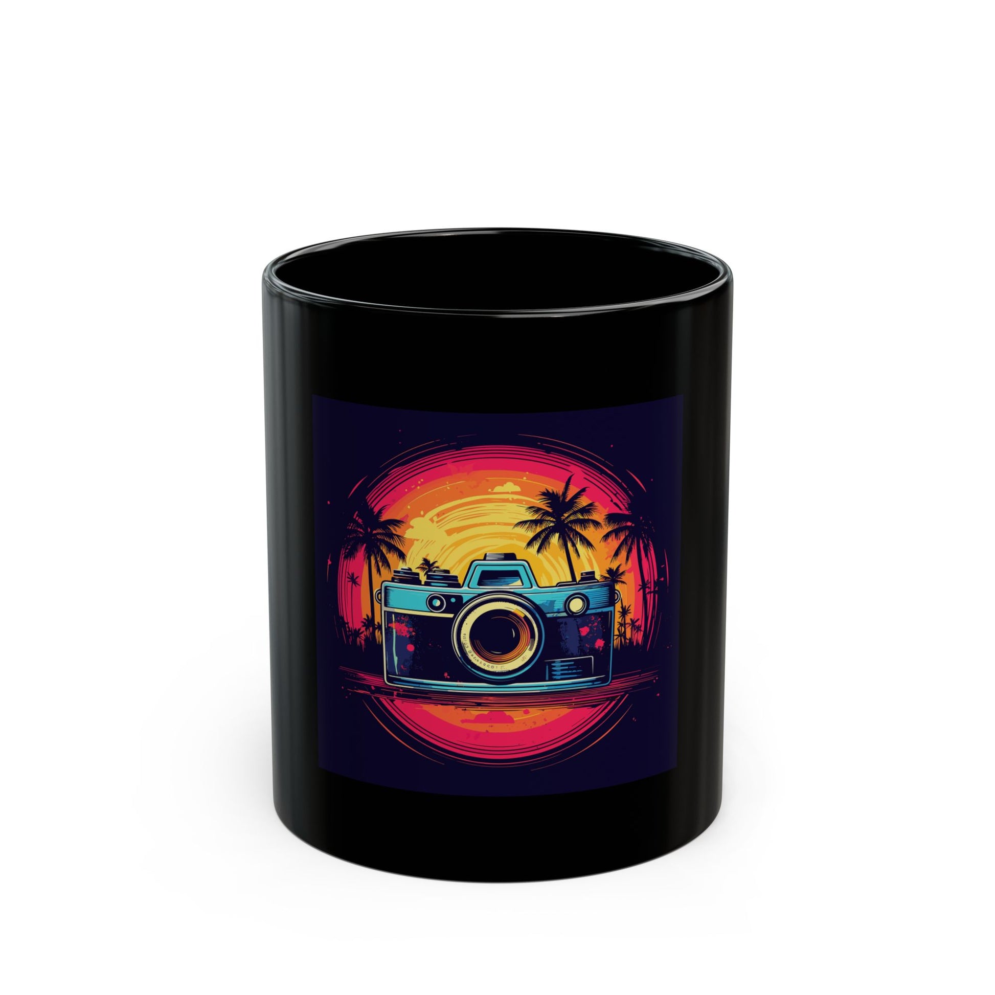 Retro Camera Sunset retro vintage art black ceramic mug with vintage camera design