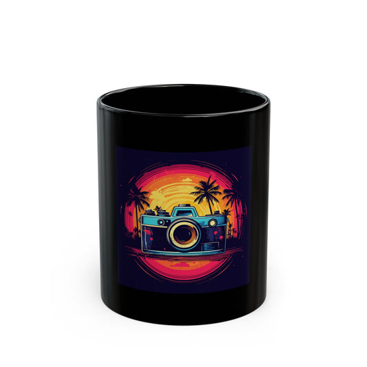 Retro Camera Sunset retro vintage art black ceramic mug with vintage camera design