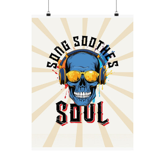 Song Soothes the Soul retro poster with vintage sunburst background