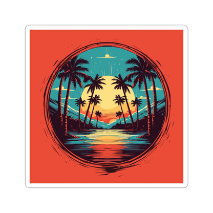 Palm Island retro vintage art square vinyl sticker with retro palm sunset design