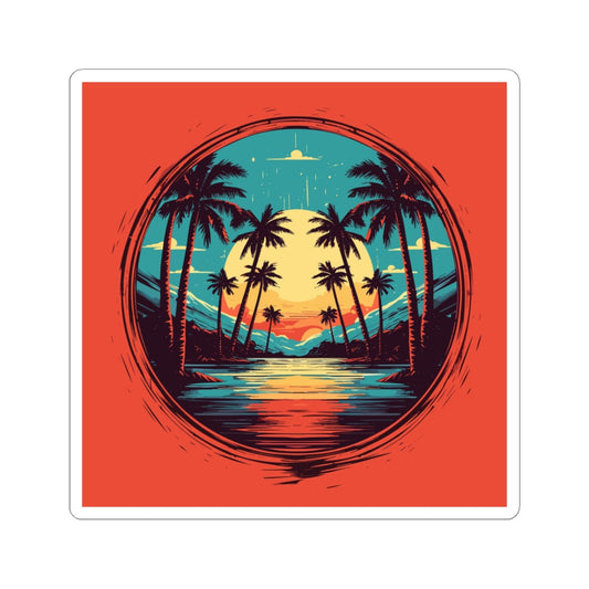 Palm Island retro vintage art square vinyl sticker with retro palm sunset design