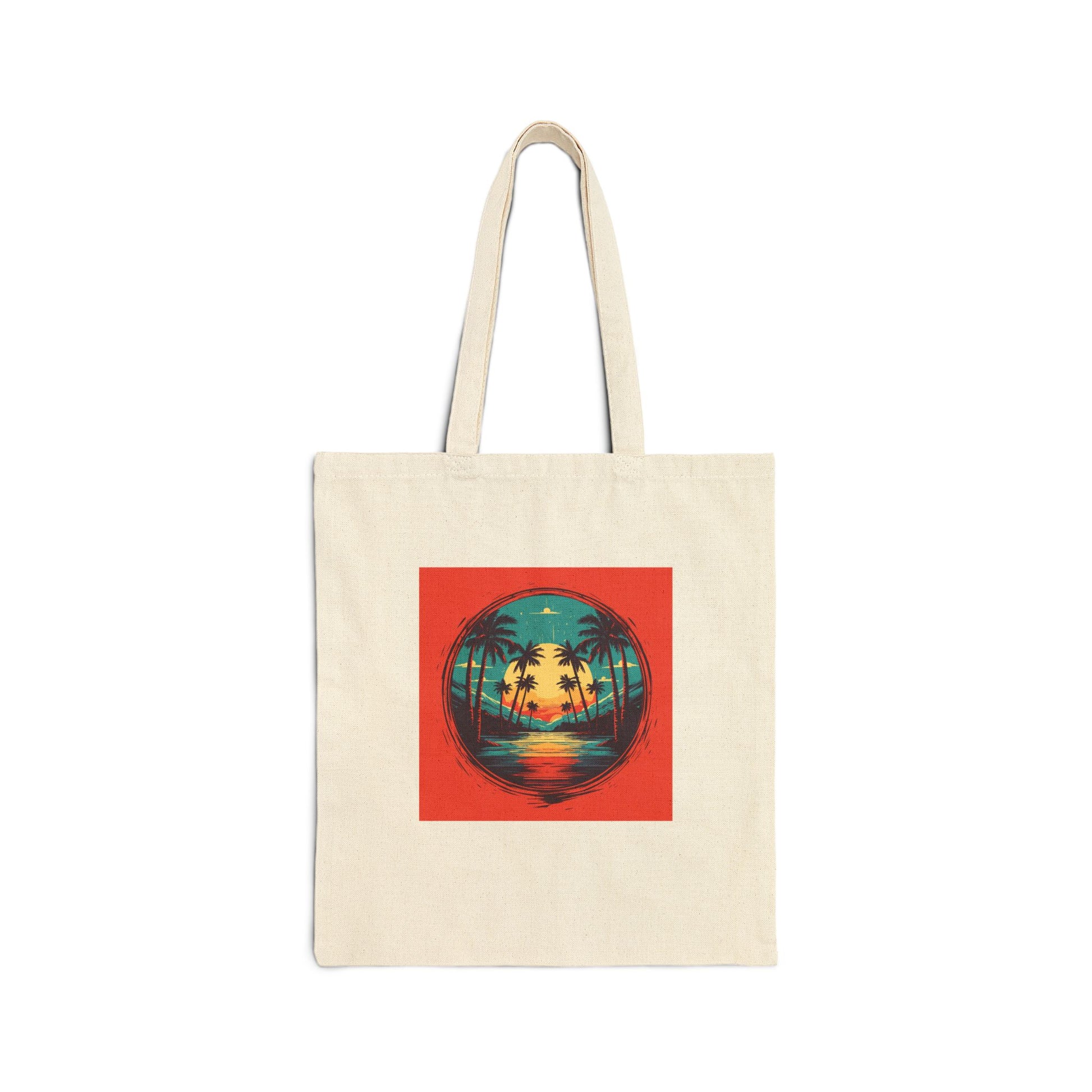 Palm Island retro vintage art natural canvas tote bag with retro palm sunset design