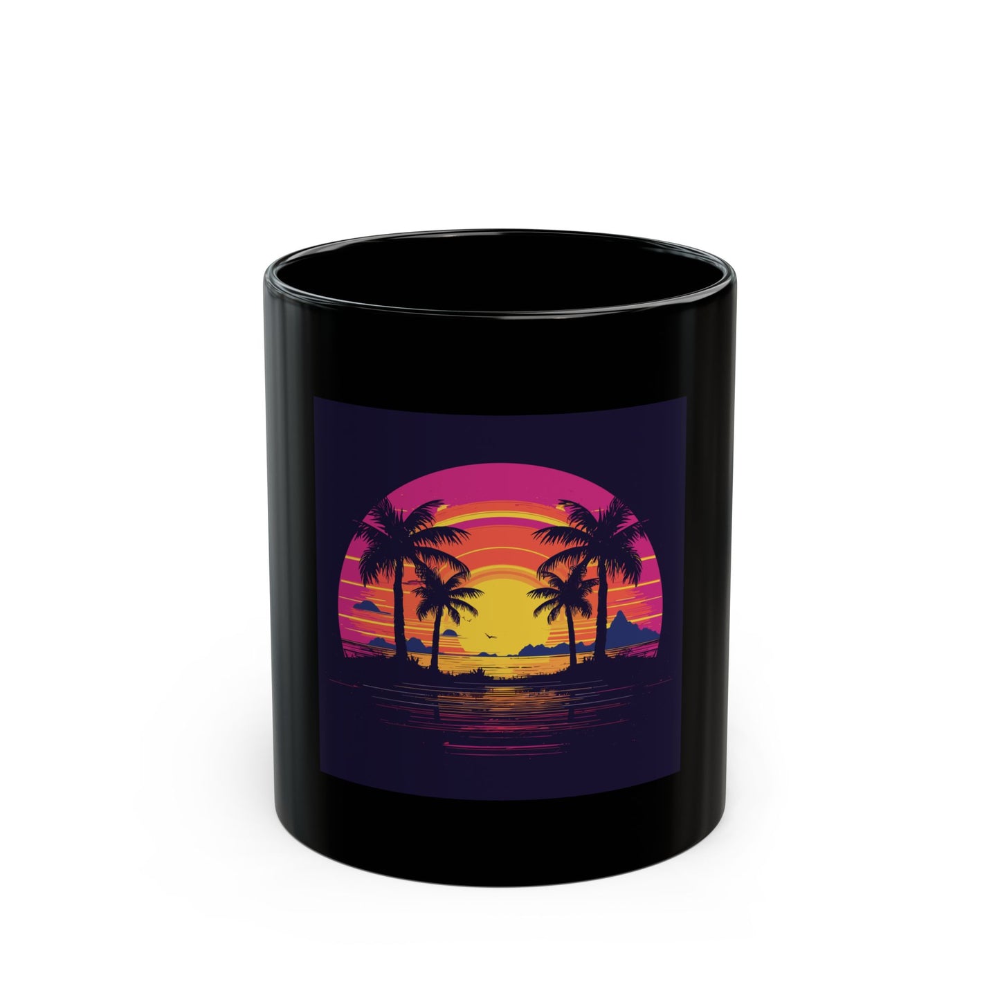 Neon Lagoon retro vintage art black ceramic mug with retro sunset palms design