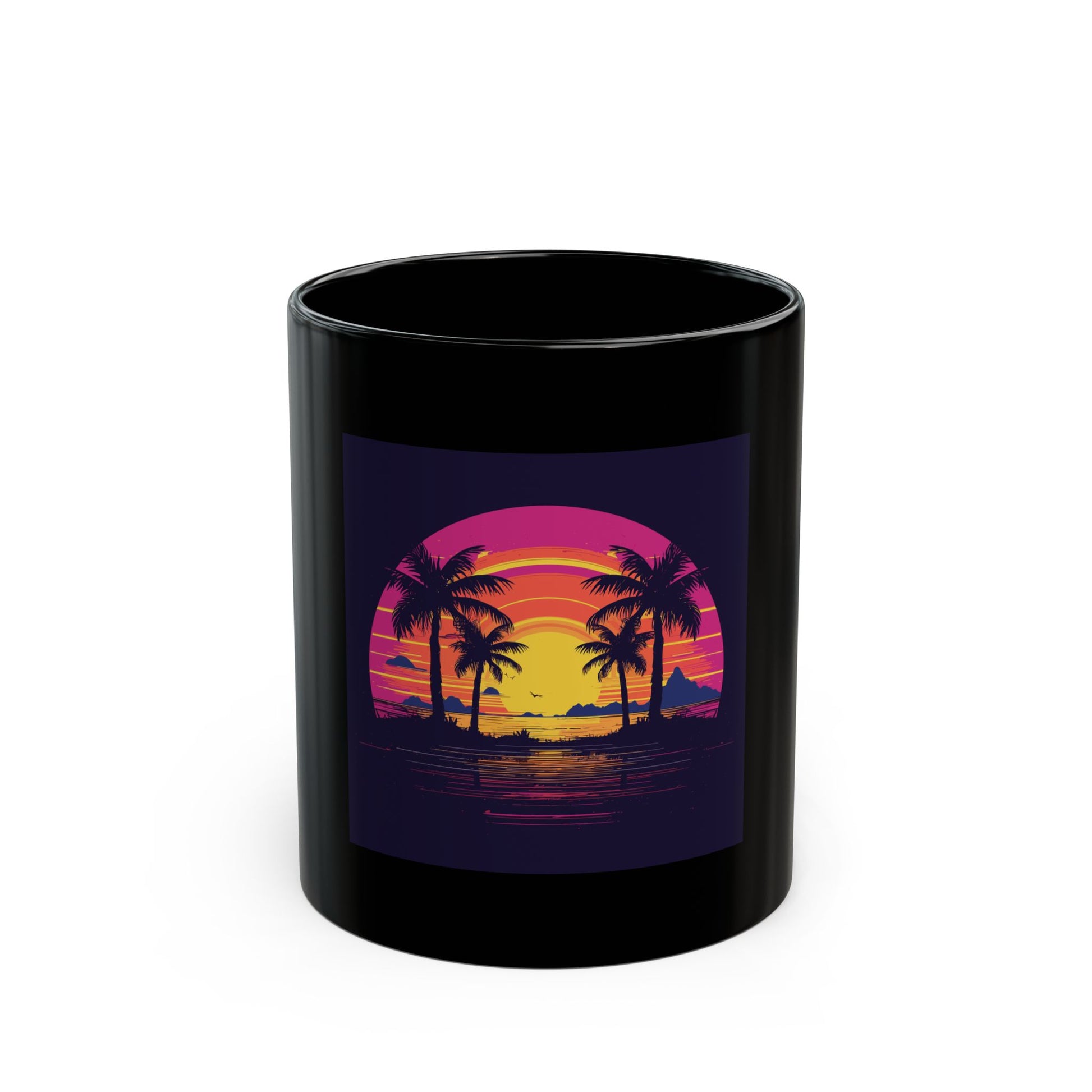 Neon Lagoon retro vintage art black ceramic mug with retro sunset palms design