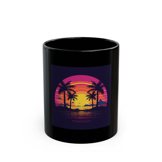 Neon Lagoon retro vintage art black ceramic mug with retro sunset palms design