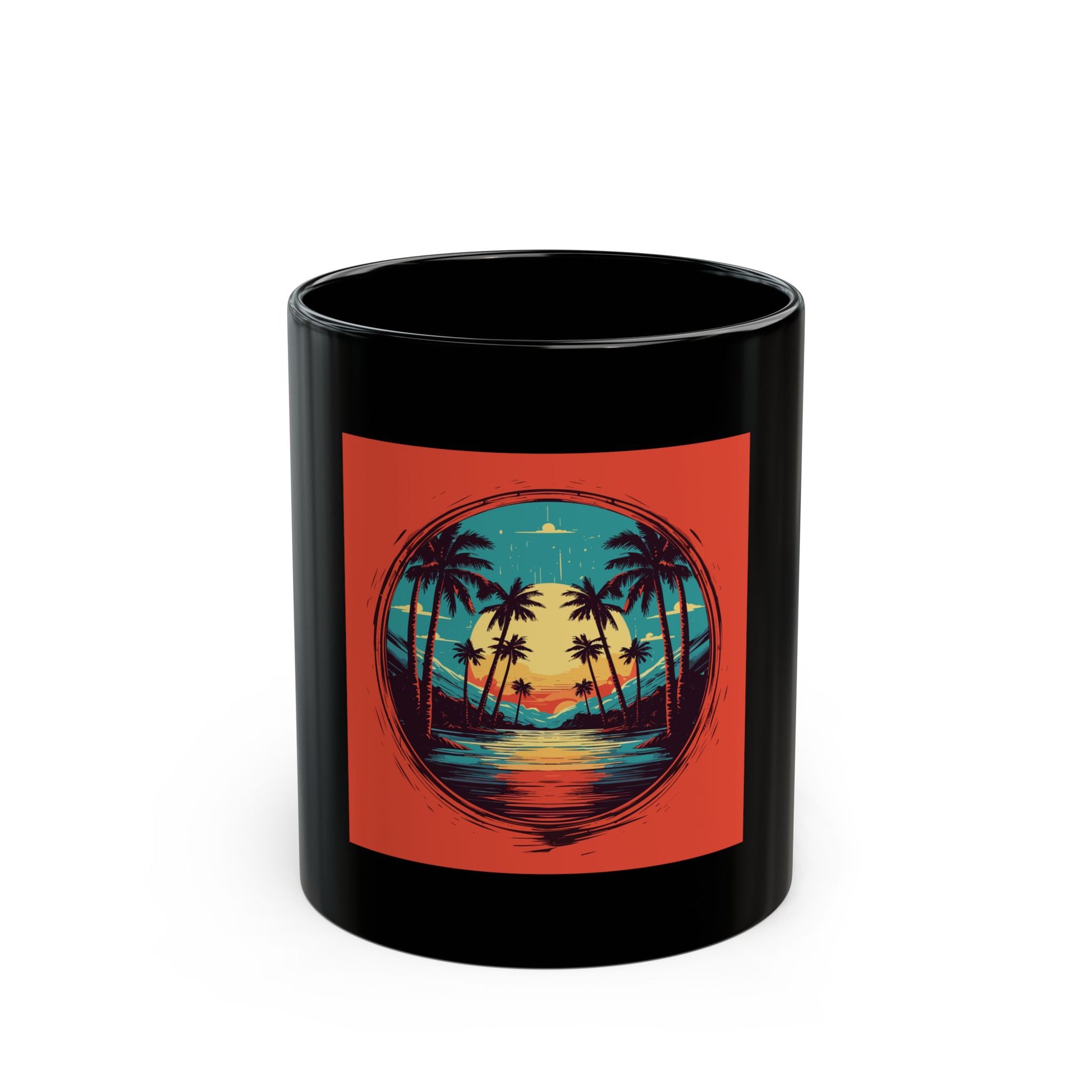 Palm Island retro vintage art black ceramic mug with retro palm sunset design