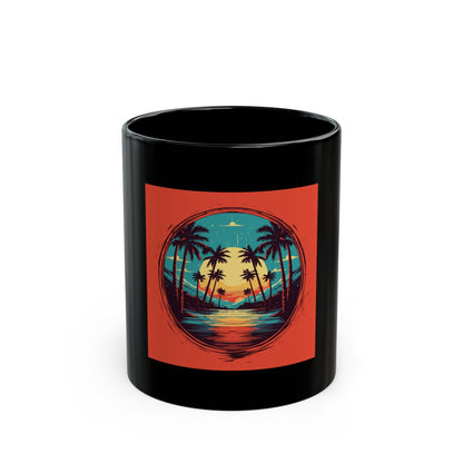 Palm Island retro vintage art black ceramic mug with retro palm sunset design
