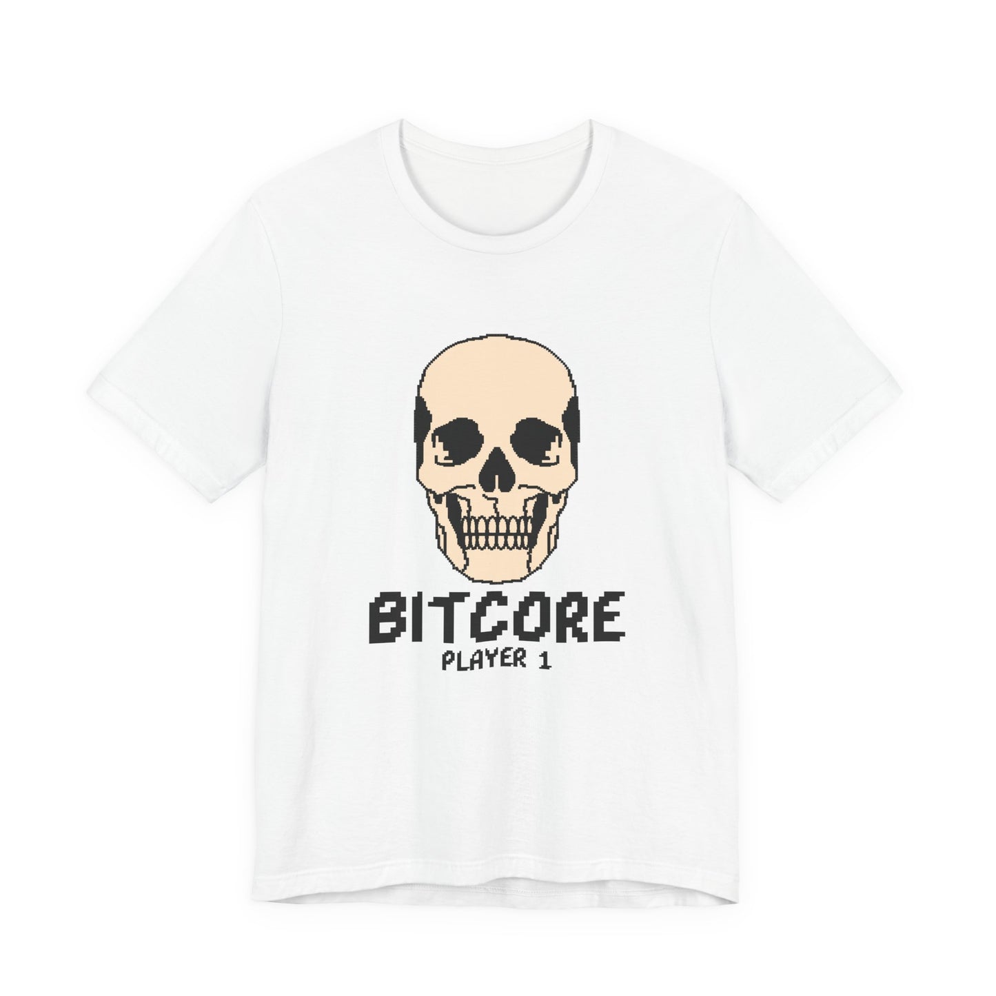 Bitcore Player 1 pixel skull t-shirt with 8 bit retro arcade streetwear design on a white unisex tee