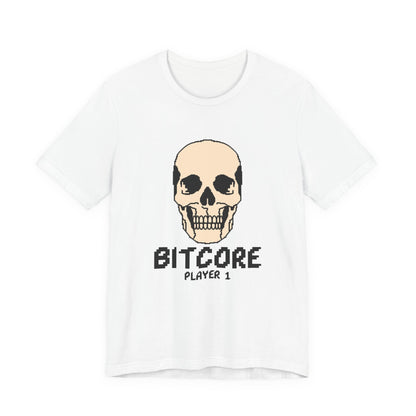 Bitcore Player 1 pixel skull t-shirt with 8 bit retro arcade streetwear design on a white unisex tee