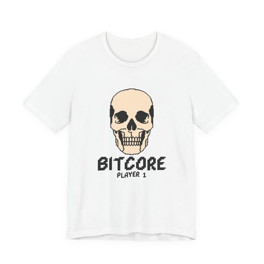 Bitcore Player 1 pixel skull t-shirt with 8 bit retro arcade streetwear design on a white unisex tee