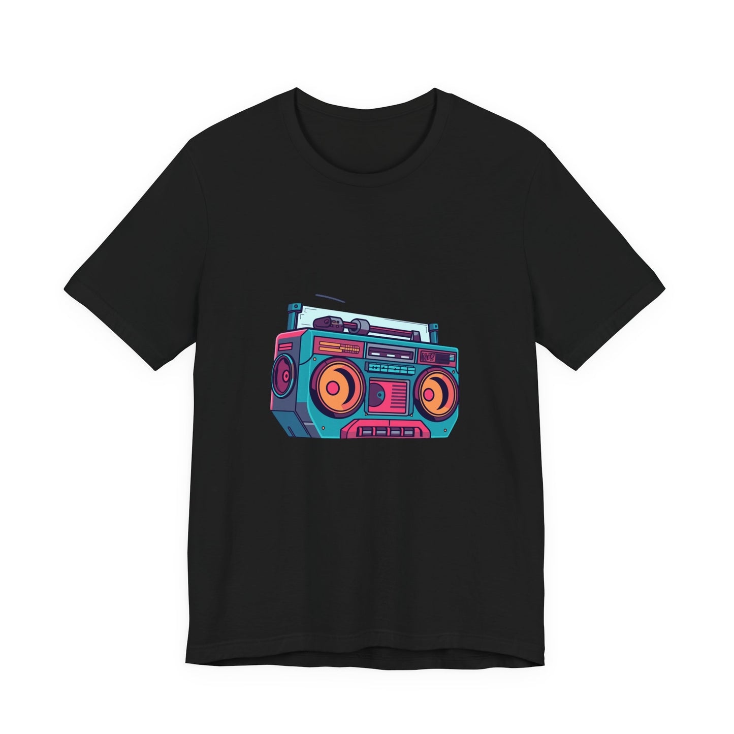 Retro boombox t-shirt with neon 80s 90s hip hop cassette player design on a black unisex tee