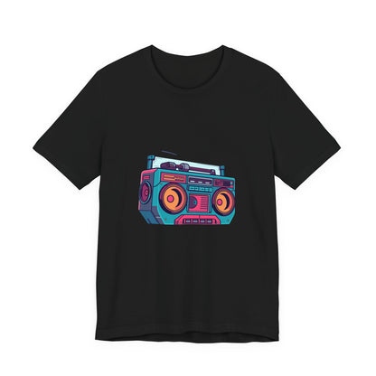 Retro boombox t-shirt with neon 80s 90s hip hop cassette player design on a black unisex tee