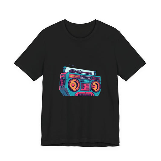 Retro boombox t-shirt with neon 80s 90s hip hop cassette player design on a black unisex tee