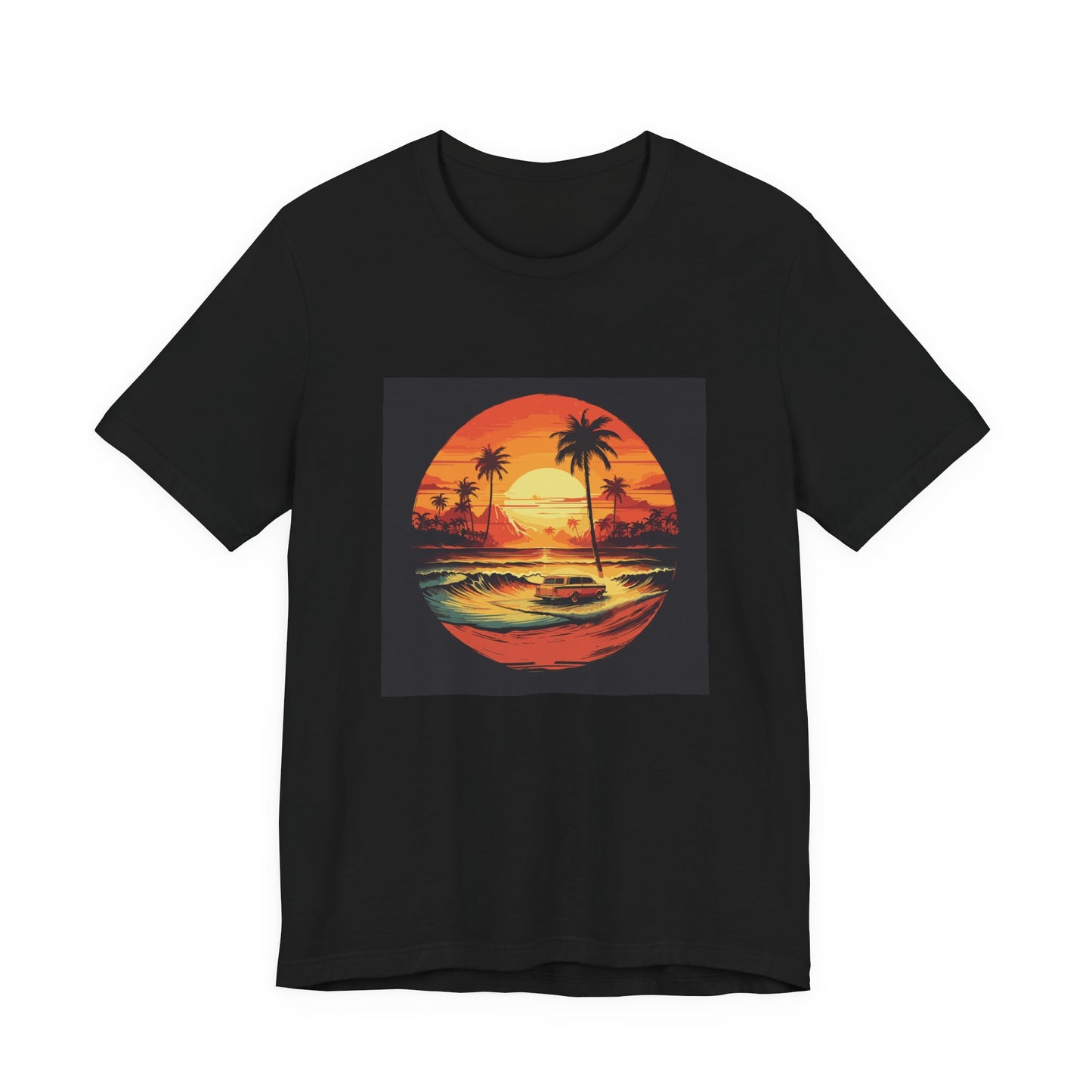 Beach Cruiser Nights retro vintage art unisex t-shirt with retro beach sunset car design