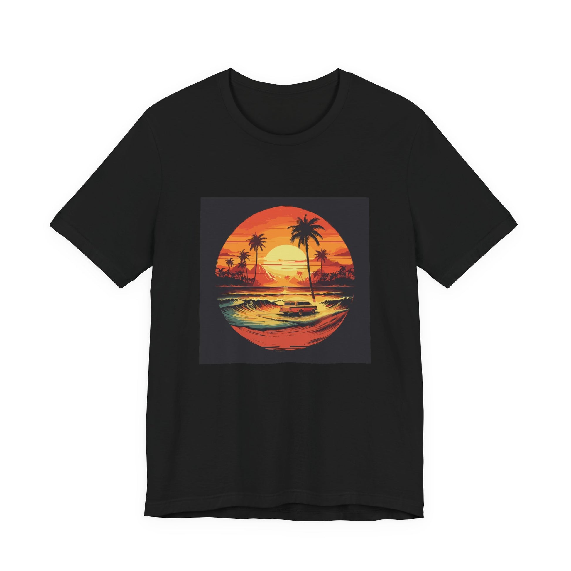 Beach Cruiser Nights retro vintage art unisex t-shirt with retro beach sunset car design