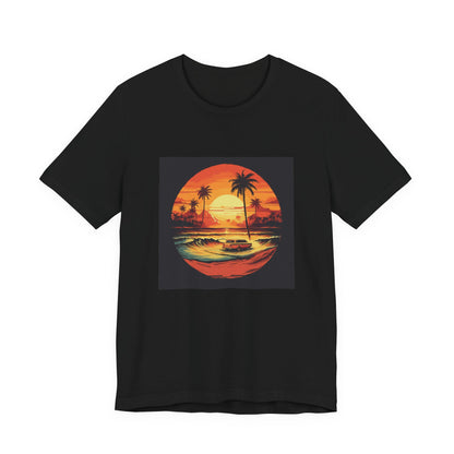 Beach Cruiser Nights retro vintage art unisex t-shirt with retro beach sunset car design