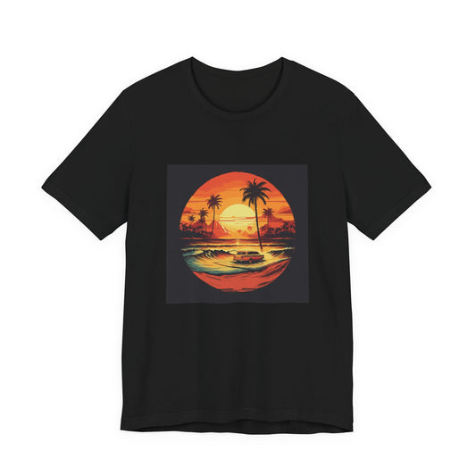 Beach Cruiser Nights retro vintage art unisex t-shirt with retro beach sunset car design