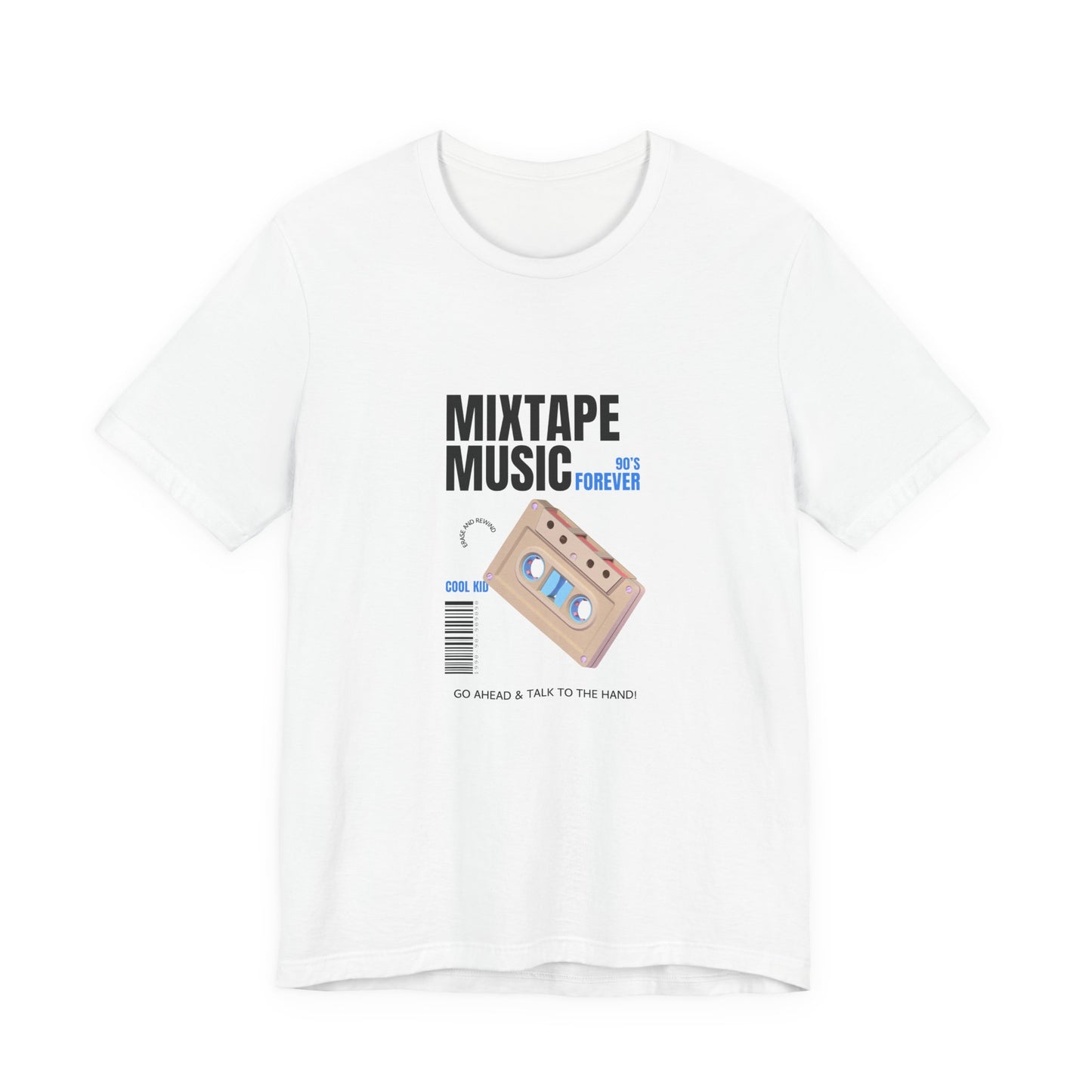 Mixtape Music 90s forever hand drawn cassette t-shirt with retro design on a white unisex tee