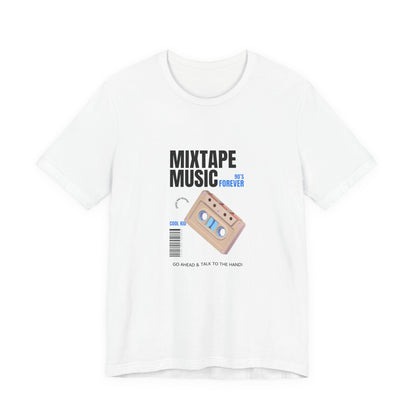 Mixtape Music 90s forever hand drawn cassette t-shirt with retro design on a white unisex tee