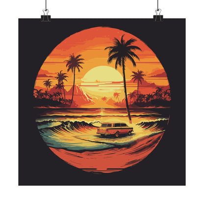 Beach Cruiser Nights retro vintage art square matte art print with retro beach sunset car design