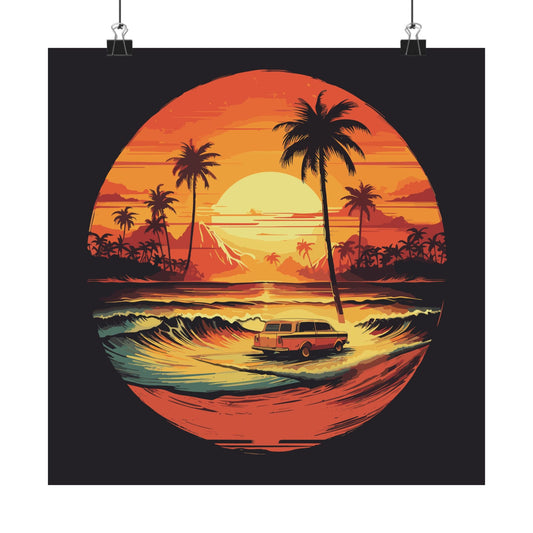 Beach Cruiser Nights retro vintage art square matte art print with retro beach sunset car design