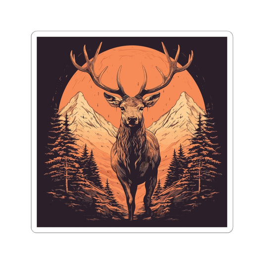 Forest King retro vintage art square vinyl sticker with vintage deer mountains design
