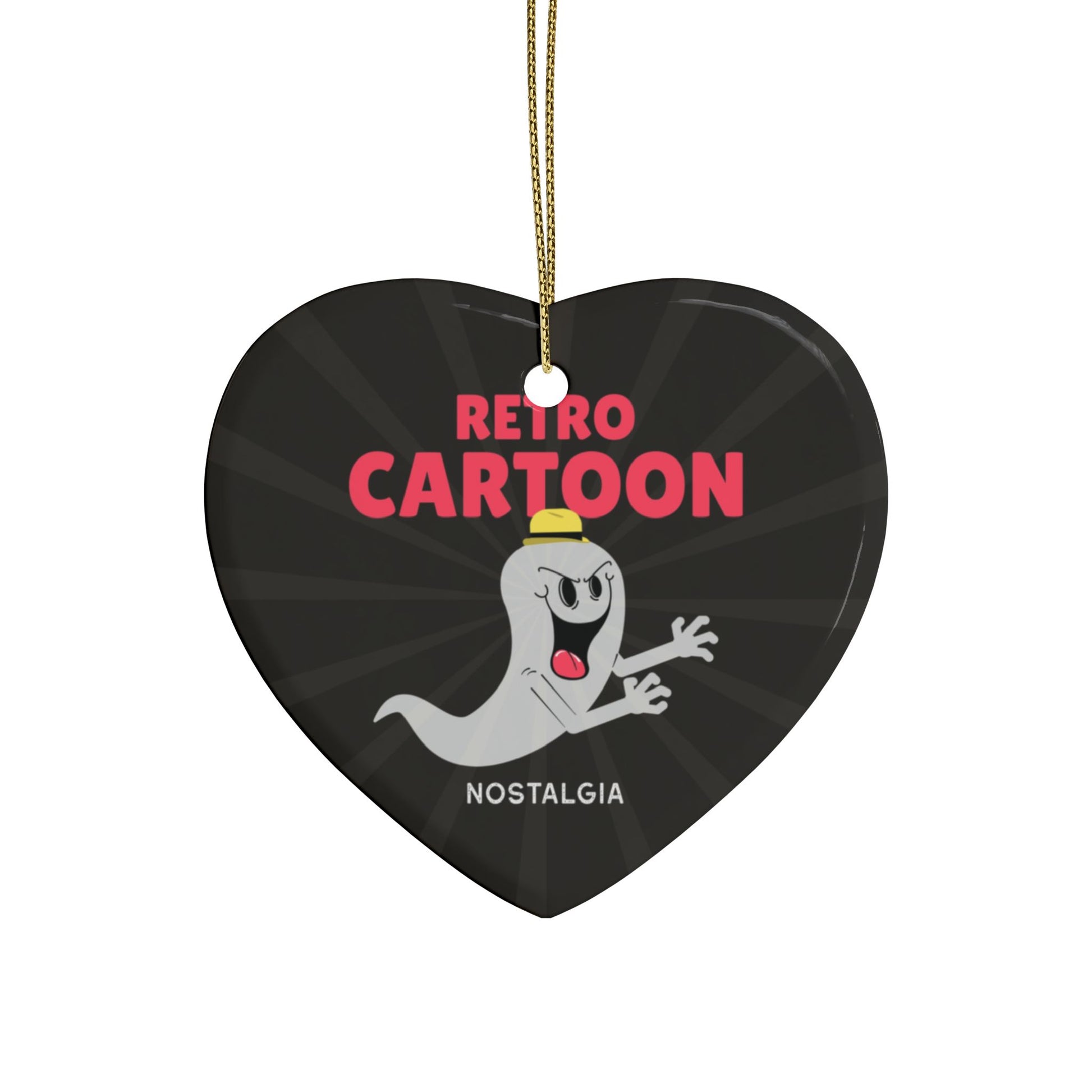 Retro Cartoon Ghost ceramic ornament with ribbon and retro print