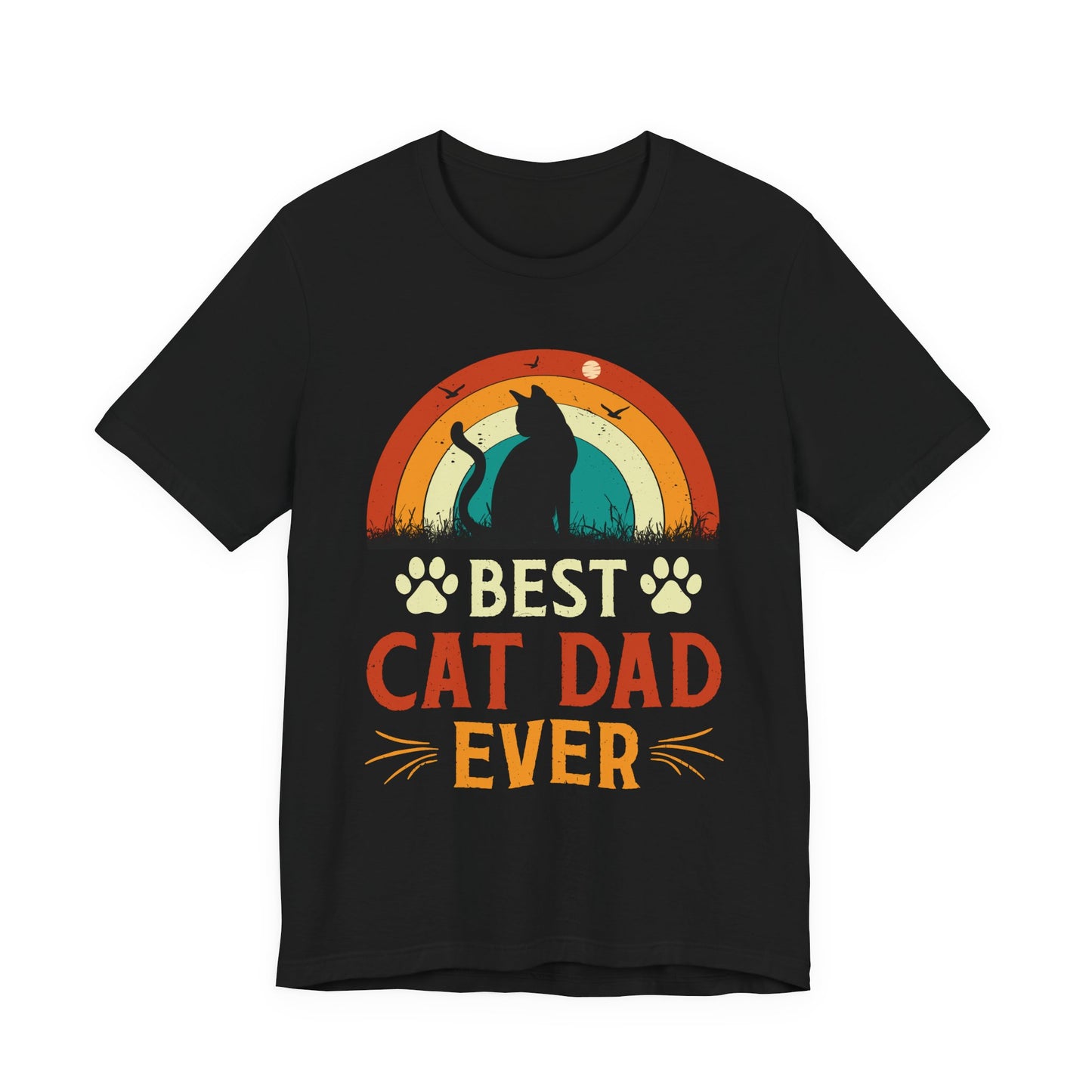Best Cat Dad Ever retro rainbow sunset t-shirt with cat silhouette on a black unisex tee