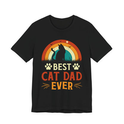 Best Cat Dad Ever retro rainbow sunset t-shirt with cat silhouette on a black unisex tee