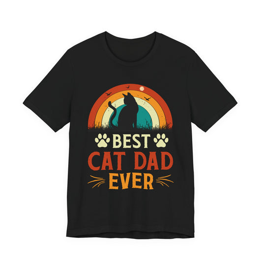 Best Cat Dad Ever retro rainbow sunset t-shirt with cat silhouette on a black unisex tee