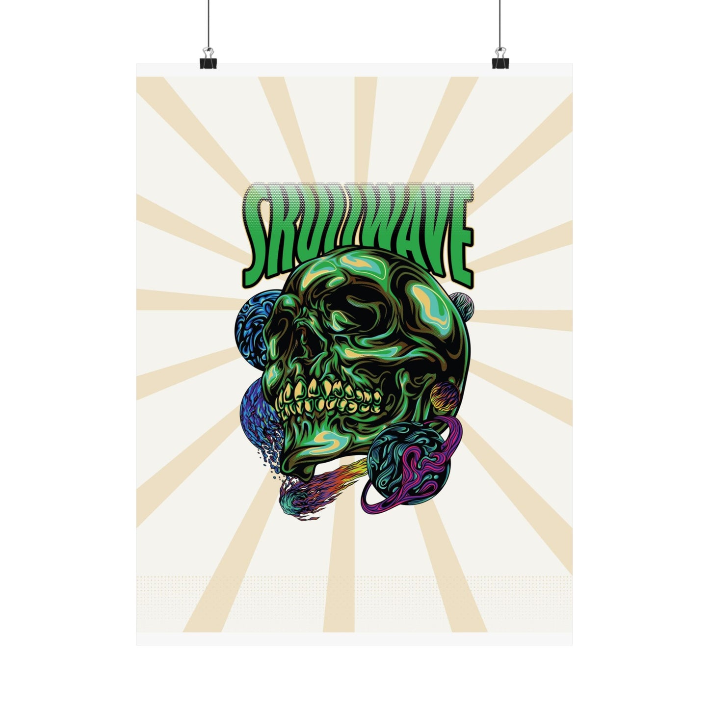 Skullwave retro poster with vintage sunburst background