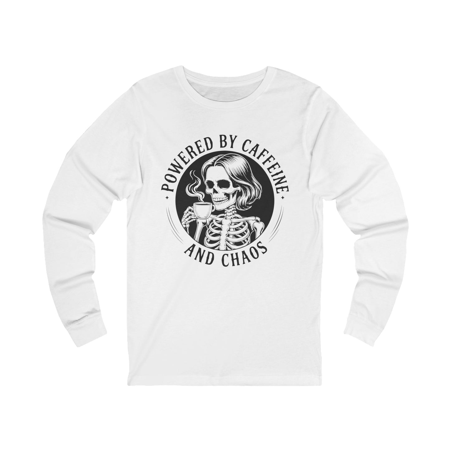 Powered by Caffeine and Chaos long sleeve tee with retro print