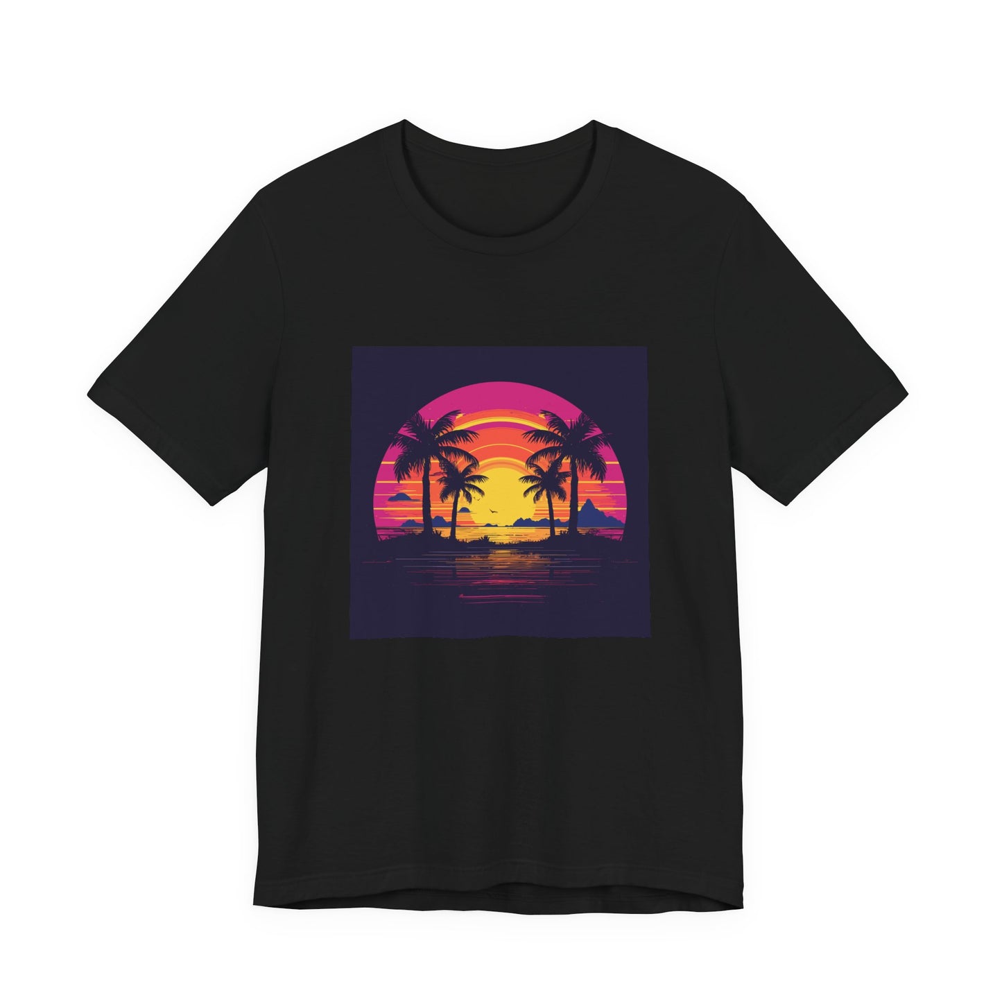 Neon Lagoon retro vintage art unisex t-shirt with retro sunset palms design