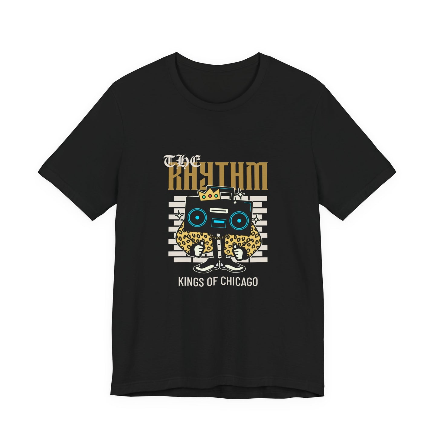 The Rhythm Kings of Chicago leopard print boombox t-shirt with retro streetwear design on a black tee