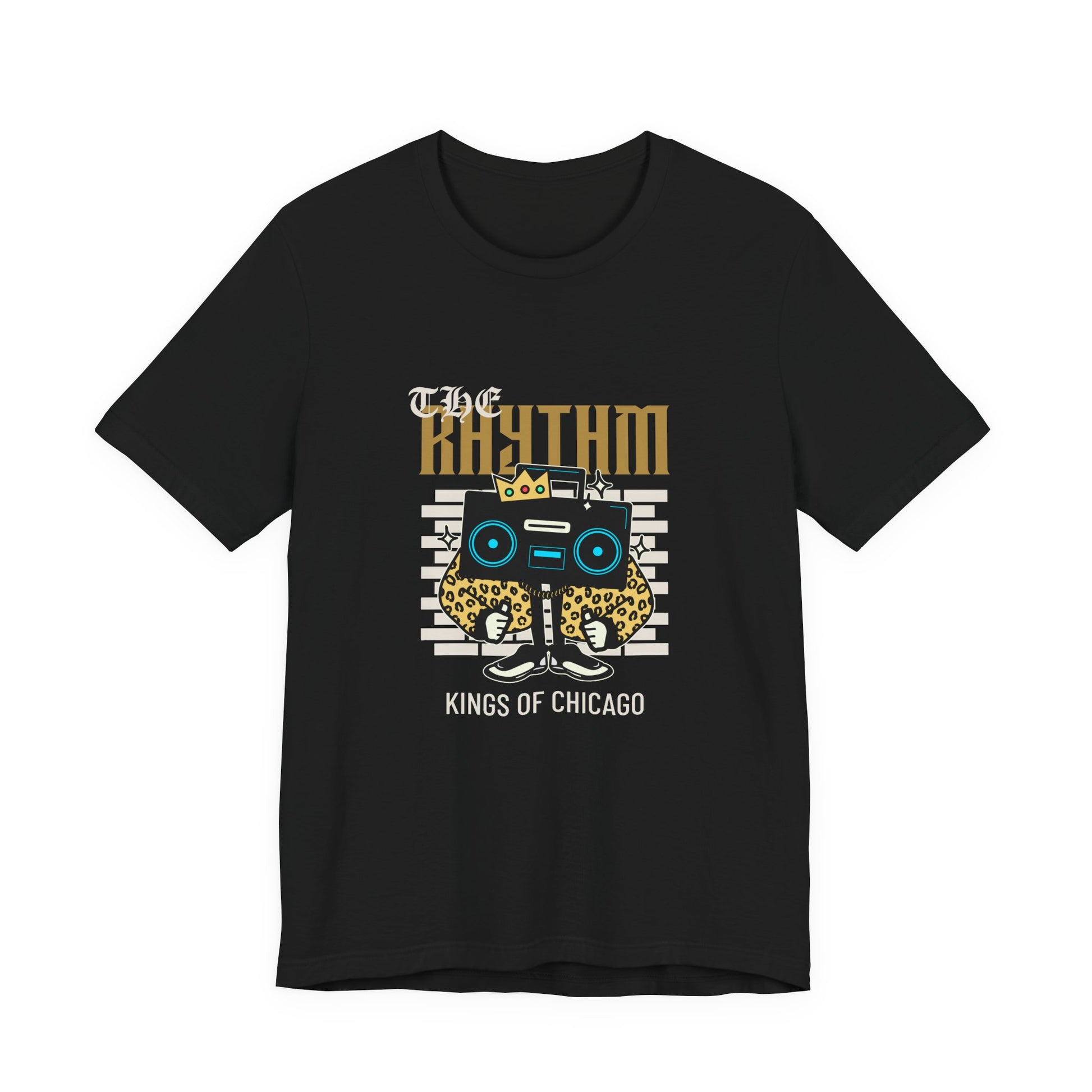 The Rhythm Kings of Chicago leopard print boombox t-shirt with retro streetwear design on a black tee