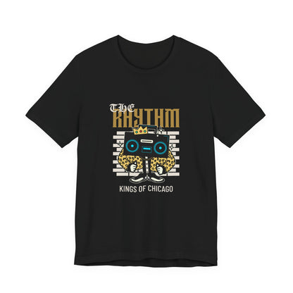 The Rhythm Kings of Chicago leopard print boombox t-shirt with retro streetwear design on a black tee