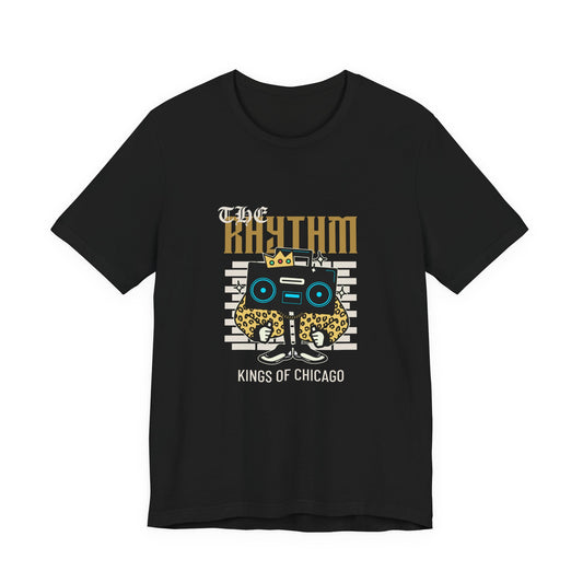 The Rhythm Kings of Chicago leopard print boombox t-shirt with retro streetwear design on a black tee