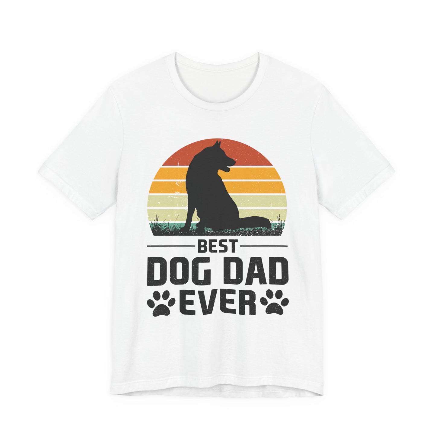 Best Dog Dad Ever retro sunset t-shirt with shepherd dog silhouette on a white unisex tee