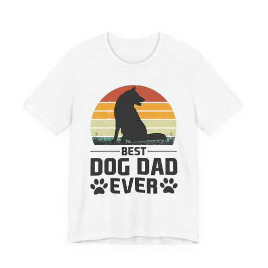 Best Dog Dad Ever retro sunset t-shirt with shepherd dog silhouette on a white unisex tee