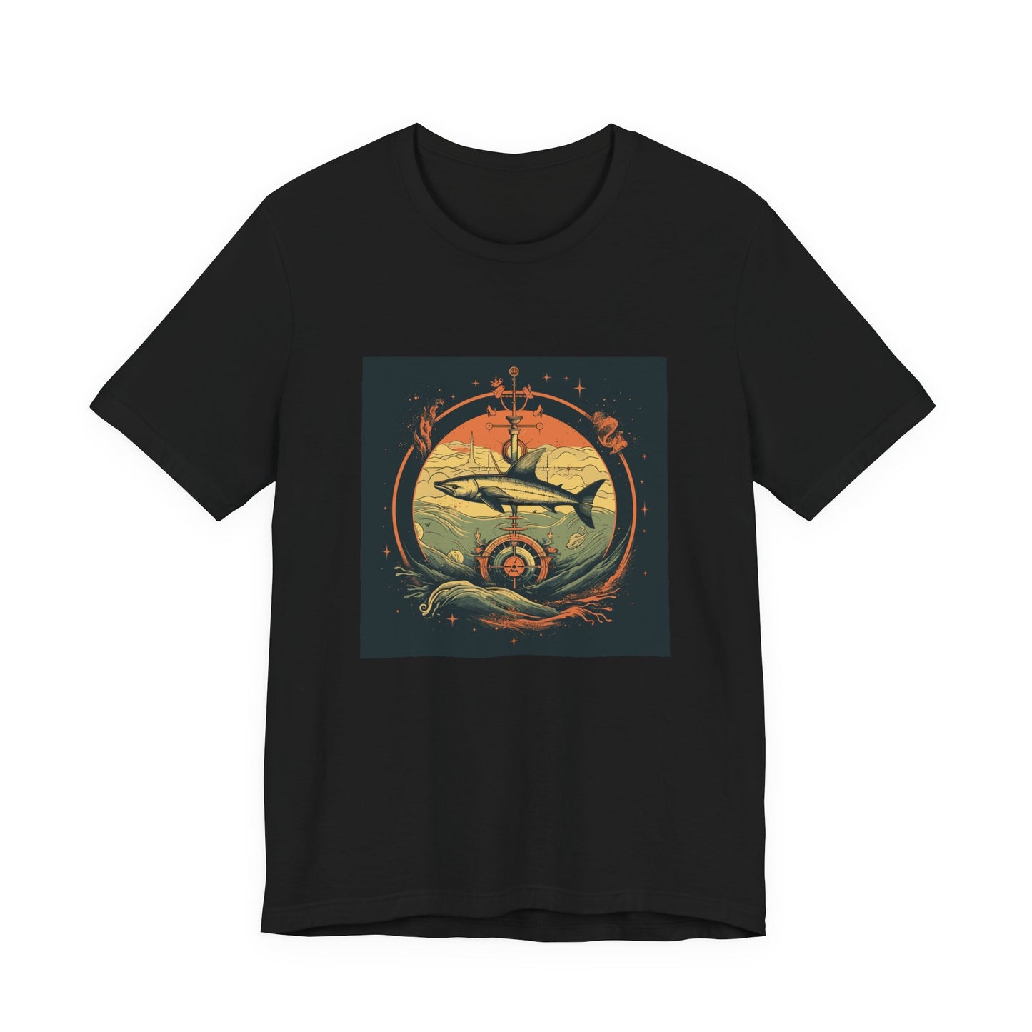 Shark Compass retro vintage art unisex t-shirt with nautical shark design