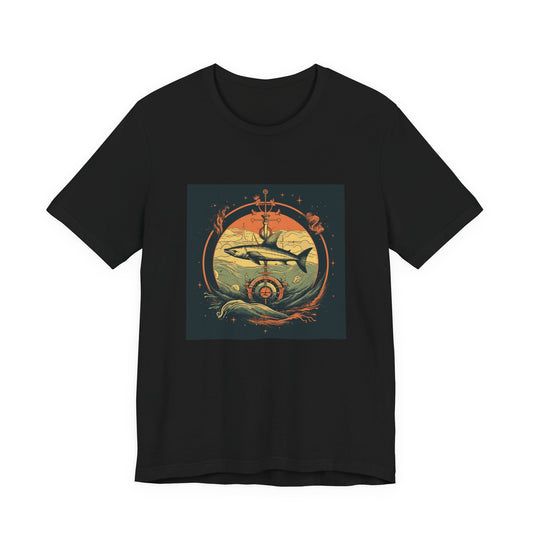 Shark Compass retro vintage art unisex t-shirt with nautical shark design