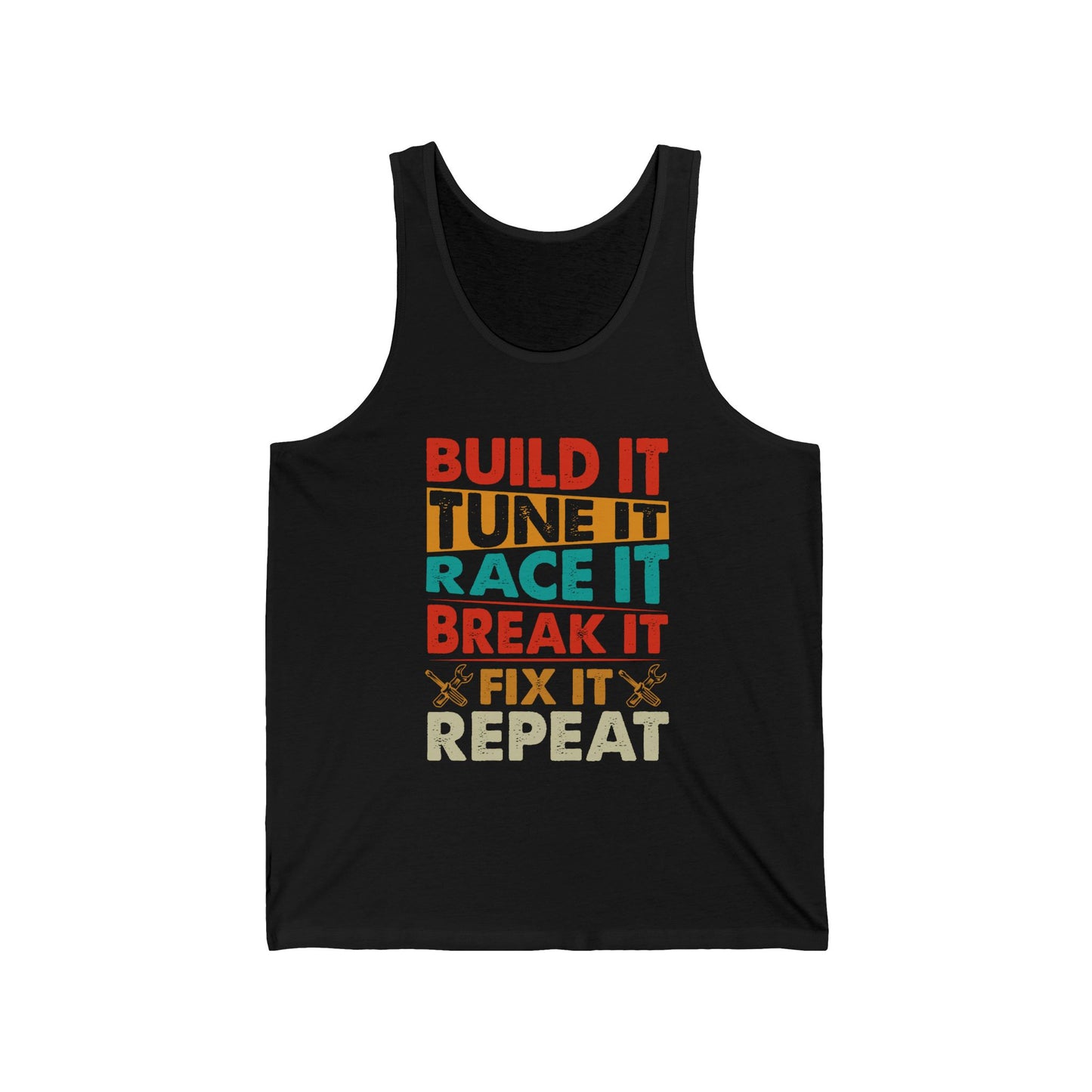 Build It Tune It Race It jersey tank top with retro print