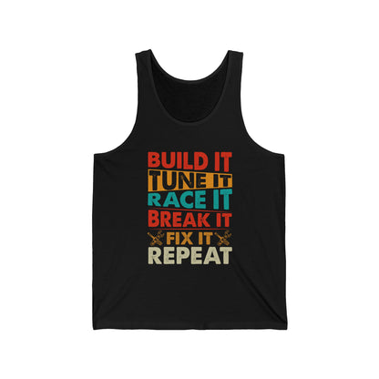 Build It Tune It Race It jersey tank top with retro print