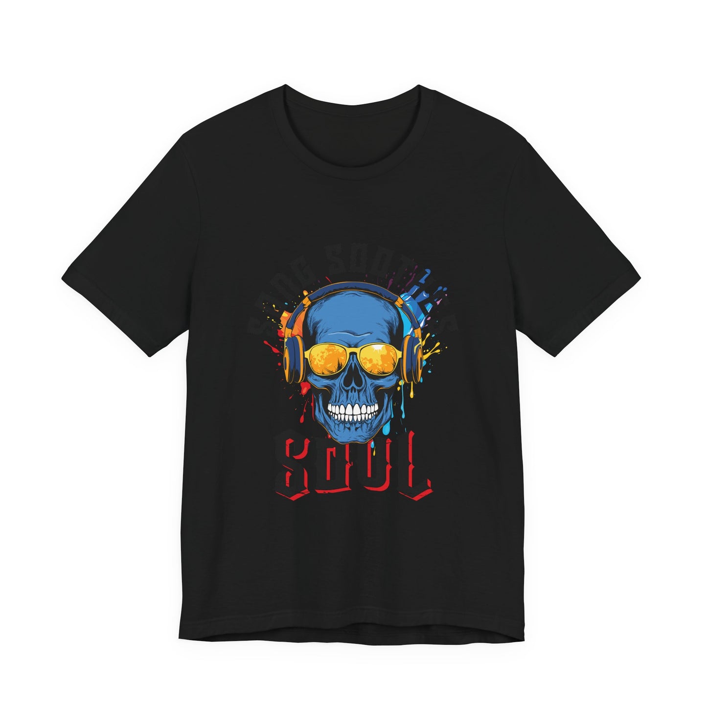 Song Soothes the Soul blue skull wearing headphones music streetwear t-shirt on black