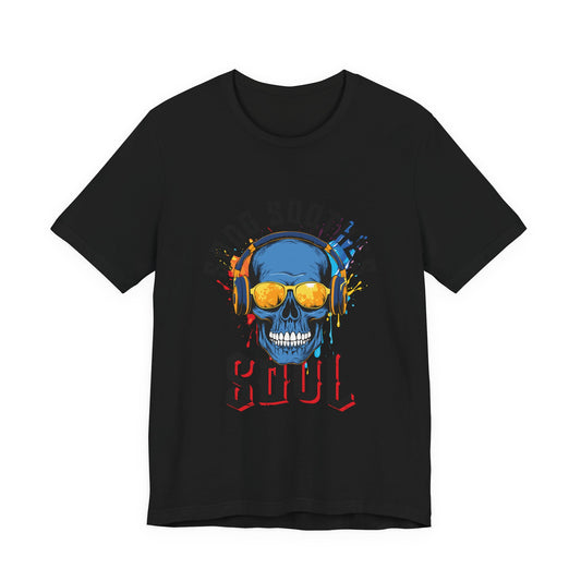 Song Soothes the Soul blue skull wearing headphones music streetwear t-shirt on black