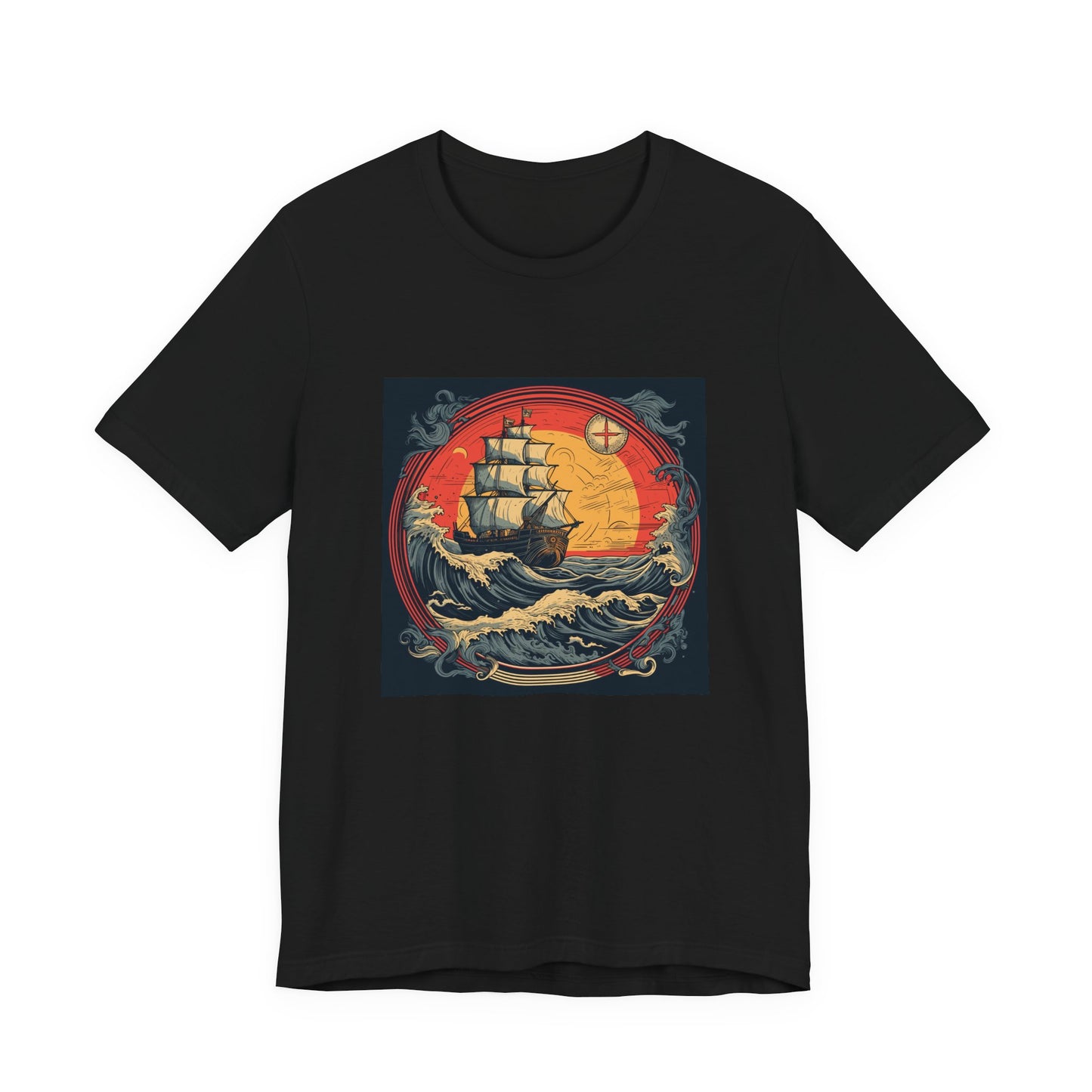 Tall Ship Storm retro vintage art unisex t-shirt with vintage nautical ship design