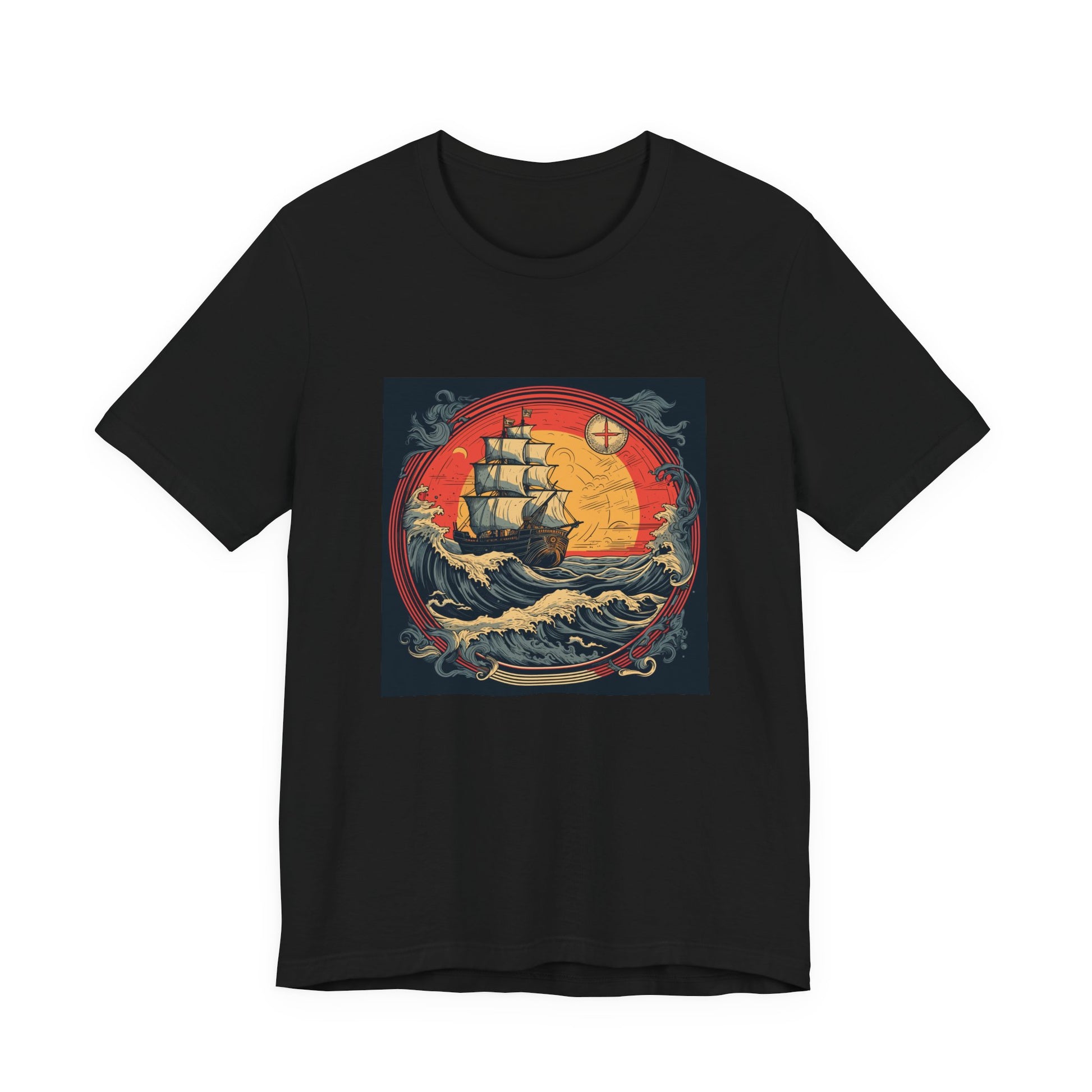Tall Ship Storm retro vintage art unisex t-shirt with vintage nautical ship design